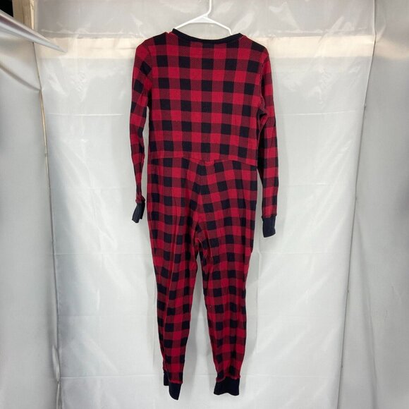 LL Bean Women M Waffle One Piece Pajama Red Buffalo Plaid Longjohns Button Front - Picture 3 of 10